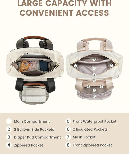 LOVEVOOK Diaper Bag Backpack, Large Capacity Portable Baby Bag with Foldable Diaper Changing Pad, Waterproof Baby Diaper Bags Gift for Mon Dad, Ivory Ebony