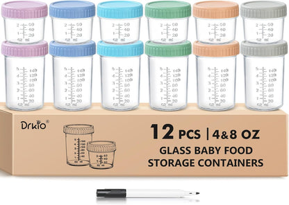 DRKIO 12 Pack Glass Baby Food Storage Containers - 4 Oz Baby Food Jars with Lids Baby Food Maker Microwave Dishwasher Freezer Safe 100% Leak Proof BPA Free Reusable