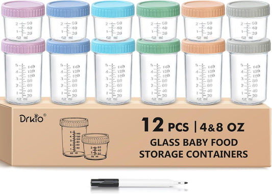 DRKIO 12 Pack Glass Baby Food Storage Containers - 4 Oz Baby Food Jars with Lids Baby Food Maker Microwave Dishwasher Freezer Safe 100% Leak Proof BPA Free Reusable