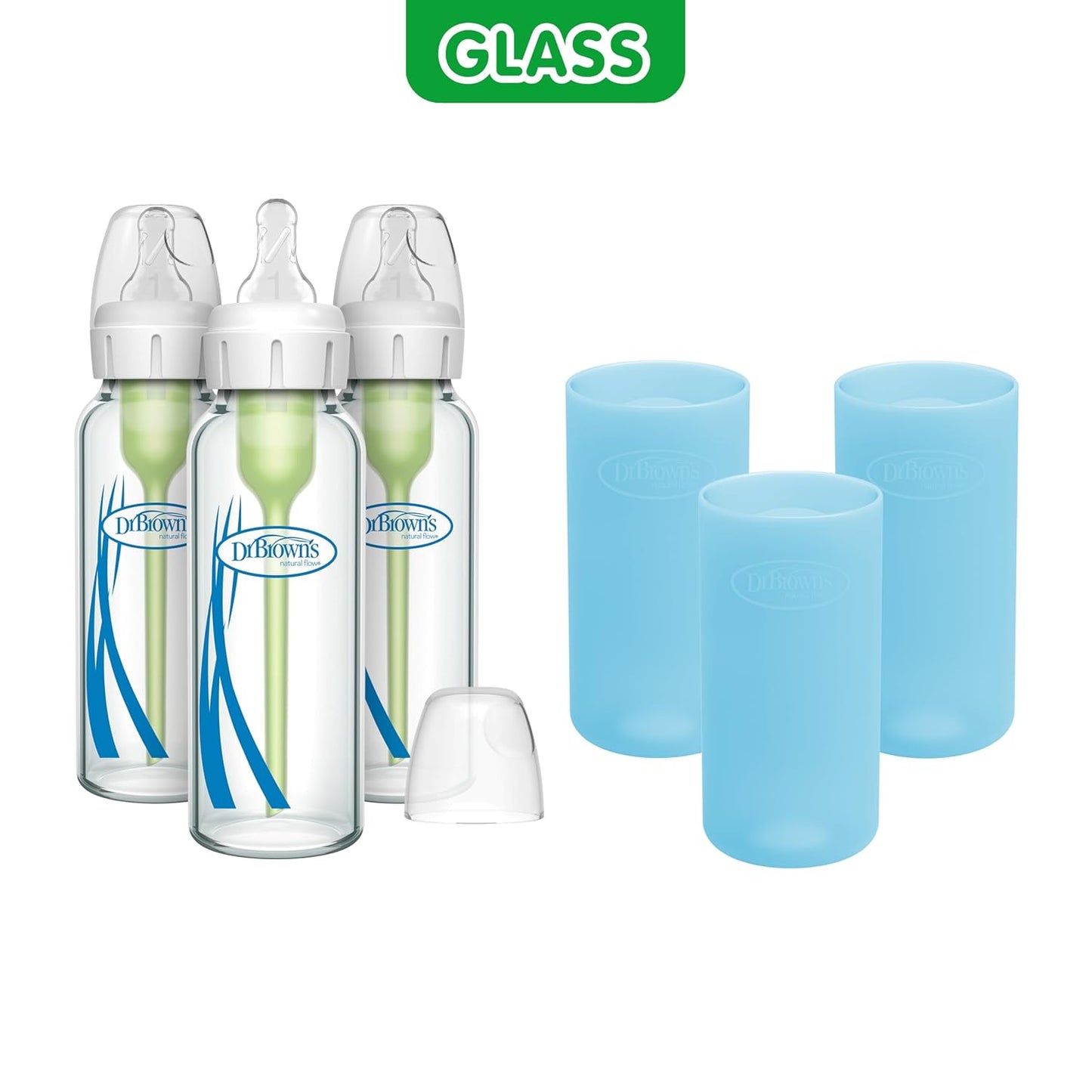 Dr. Brown's Anti-Colic Options+ Narrow Glass Baby Bottles 8 oz/250 mL, with Level 1 Slow Flow Nipple, 3 Pack 0m+ with Mint 100% Silicone Sleeves, BPA-Free