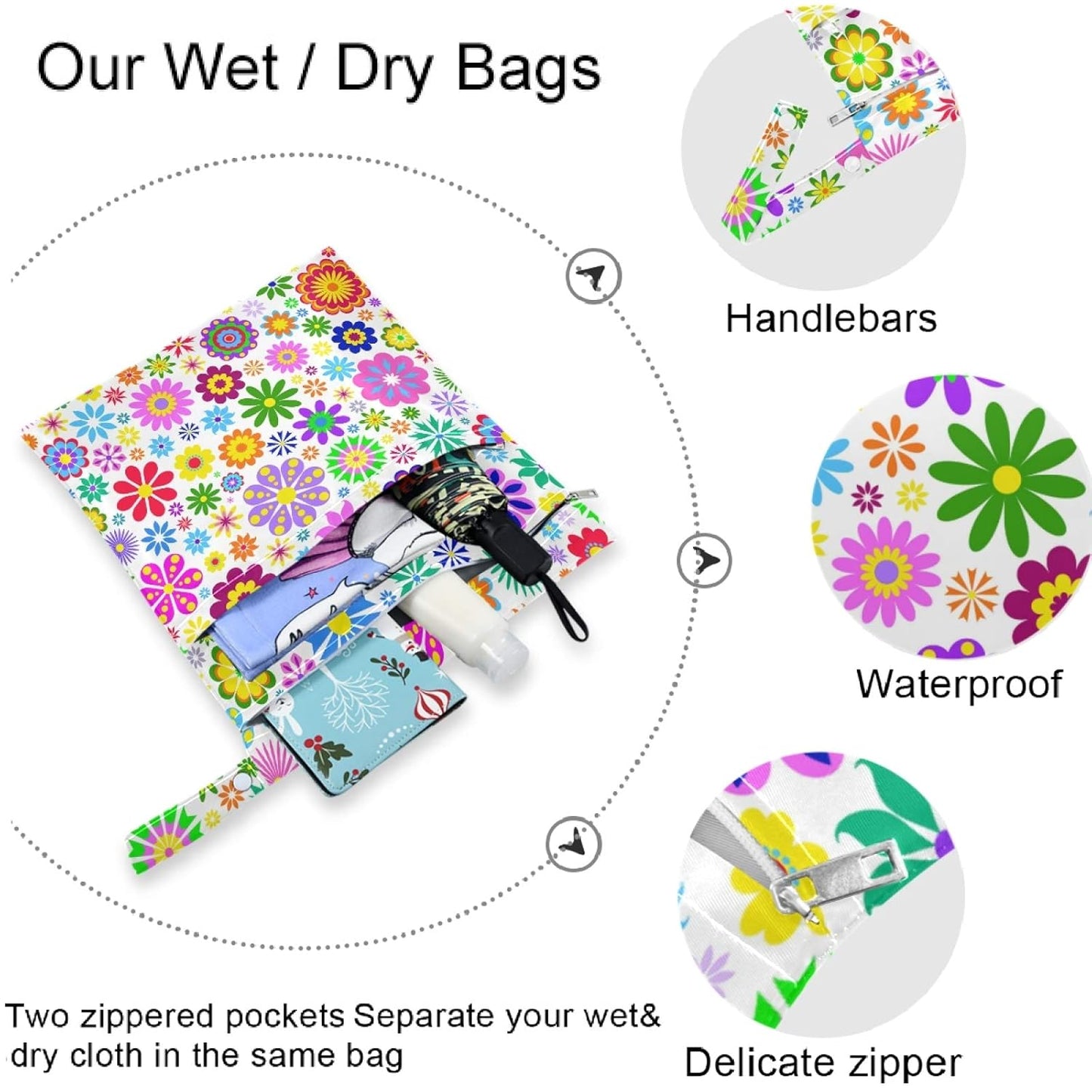visesunny Yellow Dinosaurs Volcano and Palm Tree 2Pcs Wet Bag with Zippered Pockets Washable Reusable Roomy for Travel,Beach,Pool,Daycare,Stroller,Diapers,Dirty Gym Clothes, Wet Swimsuits, Toiletries