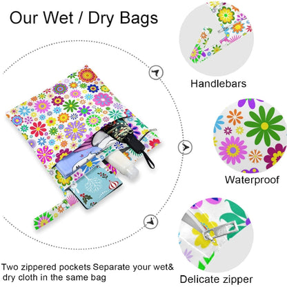 visesunny Yellow Dinosaurs Volcano and Palm Tree 2Pcs Wet Bag with Zippered Pockets Washable Reusable Roomy for Travel,Beach,Pool,Daycare,Stroller,Diapers,Dirty Gym Clothes, Wet Swimsuits, Toiletries