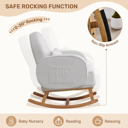 HCHAIRH Nursery Rocking Chair with Ottoman, Upholstered Glider Rocker with High Backrest Side Pocket, Rocking Accent Armchair with Solid Wood Legs for Nursery, Living Room, Bedroom, Light Grey