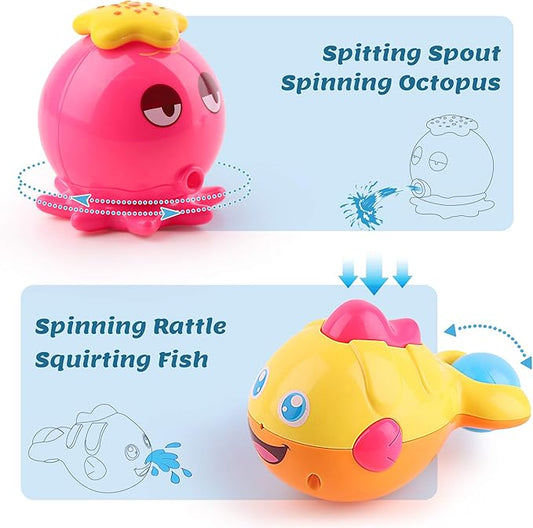 iPlay,iLearn Baby Bath Toys w/ Organizer, Infant Bathtub Shower Toy, Wind up Turtle, Water Squirt Octopus, Stacking Cup for Tub Pool, Birthday Gift 6 9 12 18 Month 1 2 3 Year Old Toddler Girl Boy Kid