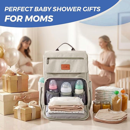 Baby Shower Gifts Diaper Bag Backpack, Baby Diaper Bag, Large Baby Bag for Boys & Girls, Waterproof, 16 Pockets, Insulated Bottle Holders, Durable,Travel-Friendly & Lightweight,Easy Organization,Beige