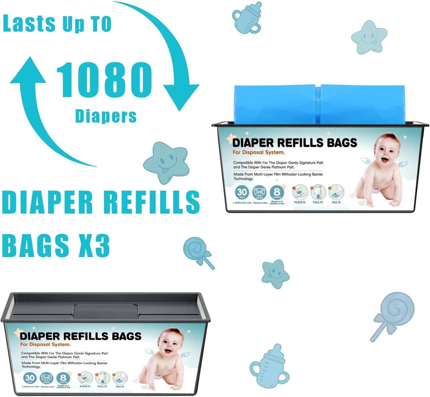 90 Bags Diaper Pail Refills Bags Compatible with Genie Easy Roll Signature and Platinum Diaper Pails | 7-Layer,Odor Barrier Technology| Holds Up to 4330 Newborn Diapers, 3 Pack