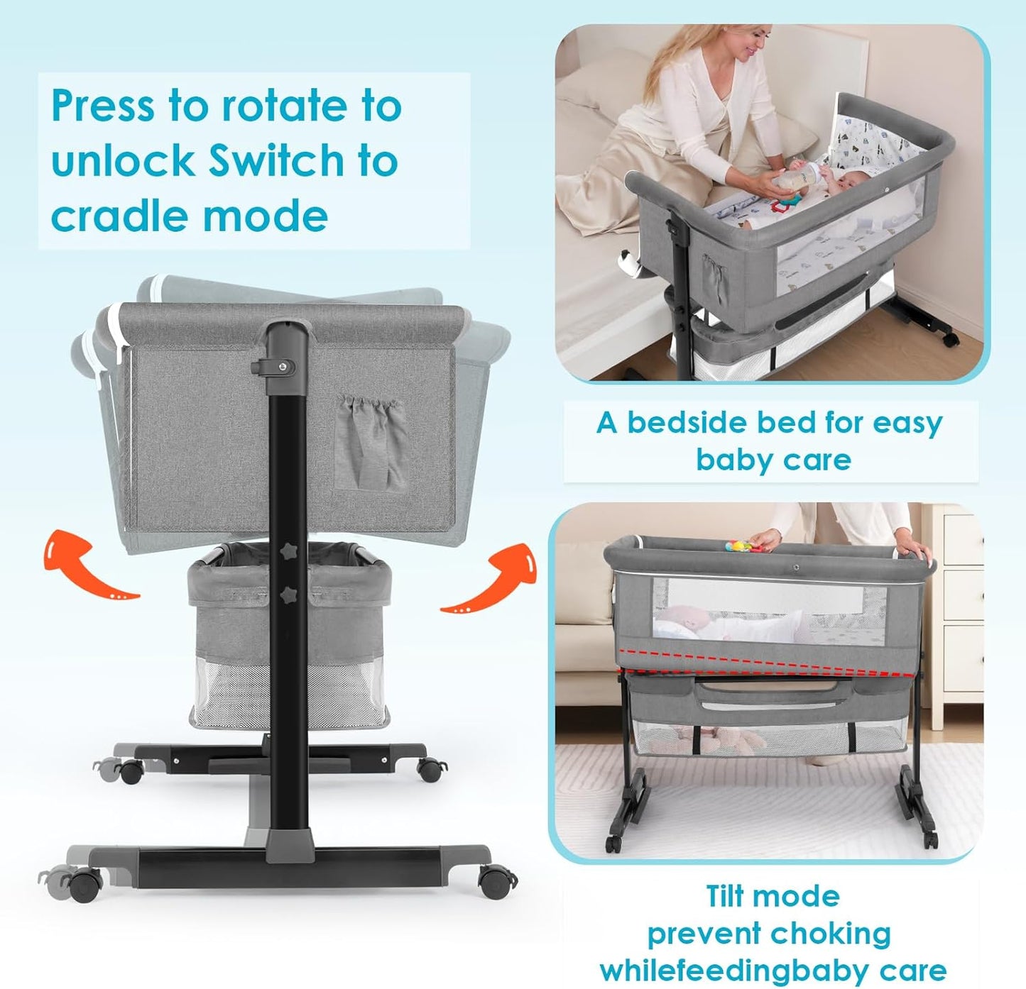 YADAQE Baby Bassinet, Baby Basinet Bedside Sleeper, Easy to Fold Portable Crib Side Bassinet 2025new Style Girl/boy bassinets(Light Grey)