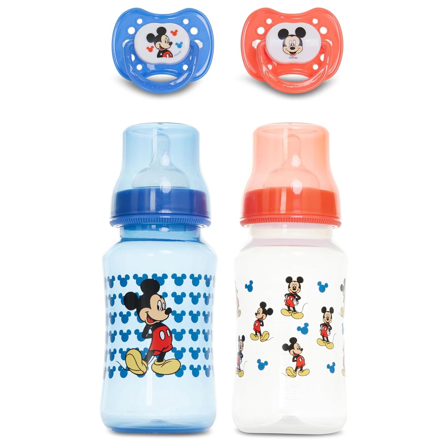 Disney Baby Bottles and Pacifiers Set – 2 Hourglass-Shaped 11oz Bottles + 2 Orthodontic Pacifiers – Officially Licensed Mickey, Minnie, Pooh & Dumbo Designs – BPA-Free Feeding Gift Set