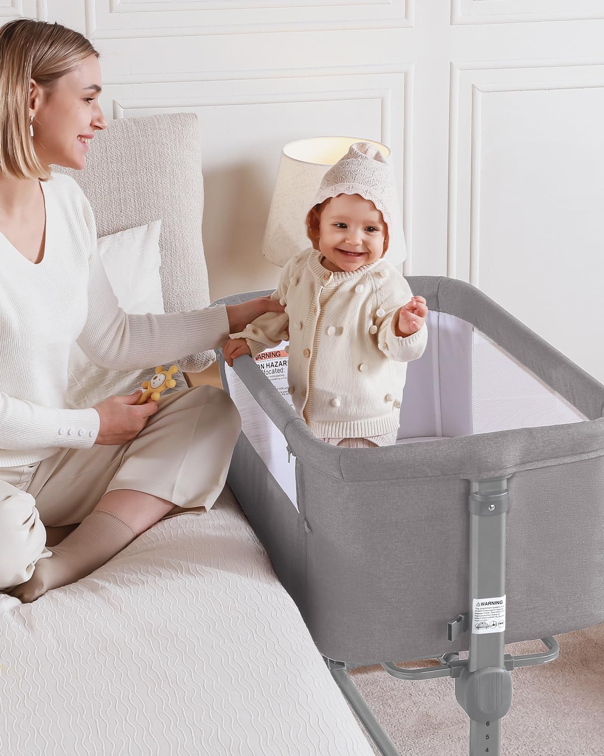 Larex Baby Bassinet, 3 in 1 Bassinets Bedside Sleeper Crib Sleeper for Newborn, Portable Crib Adjustable 7 Height Bedside Bassinet with Mattress and Movable Wheels，Breathable Mattress&Mesh(Dark Grey)