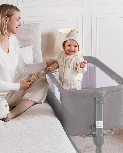 Larex Baby Bassinet, 3 in 1 Bassinets Bedside Sleeper Crib Sleeper for Newborn, Portable Crib Adjustable 7 Height Bedside Bassinet with Mattress and Movable Wheels，Breathable Mattress&Mesh(Dark Grey)
