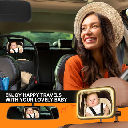 Rechargeable Baby Car Mirror with Light - Mirror for Baby in Car with Remote Control, Car Mirror for Baby Stable Hook Clip Shatterproof Crystal Clear Car Seat Mirror for Baby Safety