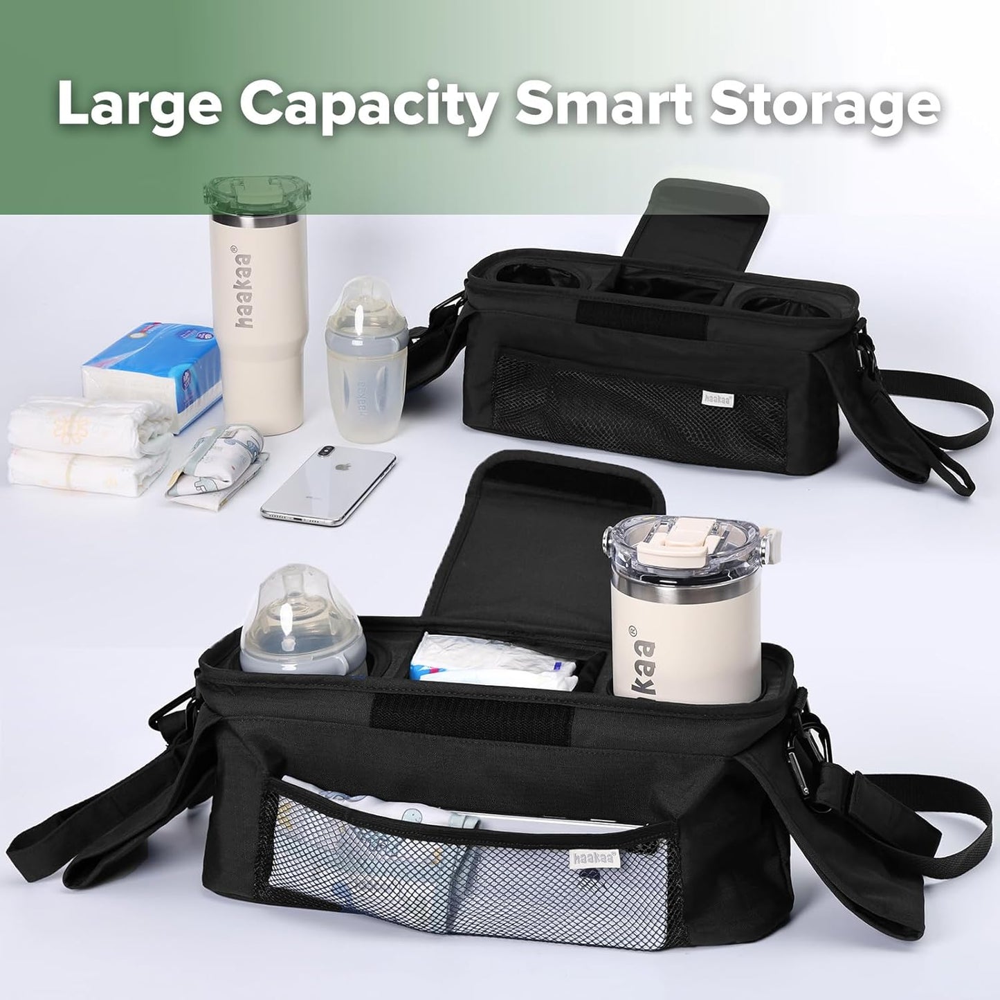 haakaa Universal Stroller Organizer - Black, Single Cup Holder, Stroller Caddy Accessories with Shoulder Strap & Extra Non-Slip Stroller Hook, Fits Most Strollers