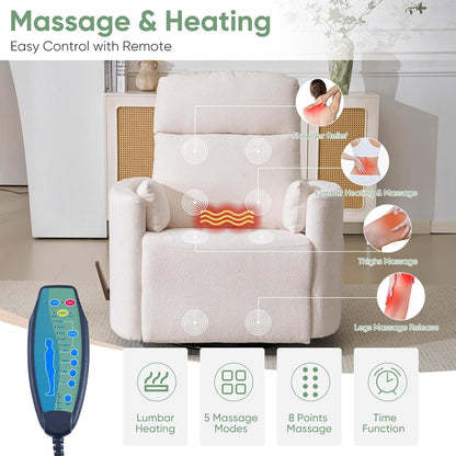 Oversized Swivel Rocker Recliner Chair with Heat and Massage, Rocking Chair with Adjustable Headrest, Manual Recliner, Glider Recliner with 2 Pillows, Chenille White