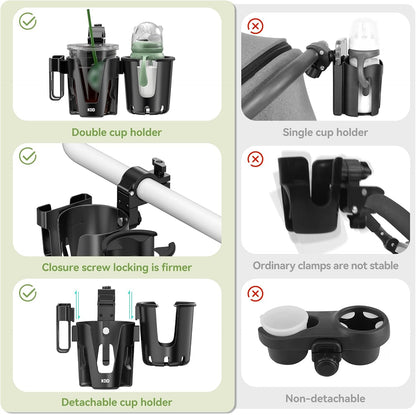 KDD Stroller Cup Holder with Phone Holder, 3-in-1 Removable Bottle Holder, 360 Degrees Rotation Drink Holder for Wheelchair, Stroller, Bike, Walker, Scooter, Bicycle, Uppababy, Bugaboo, Britax