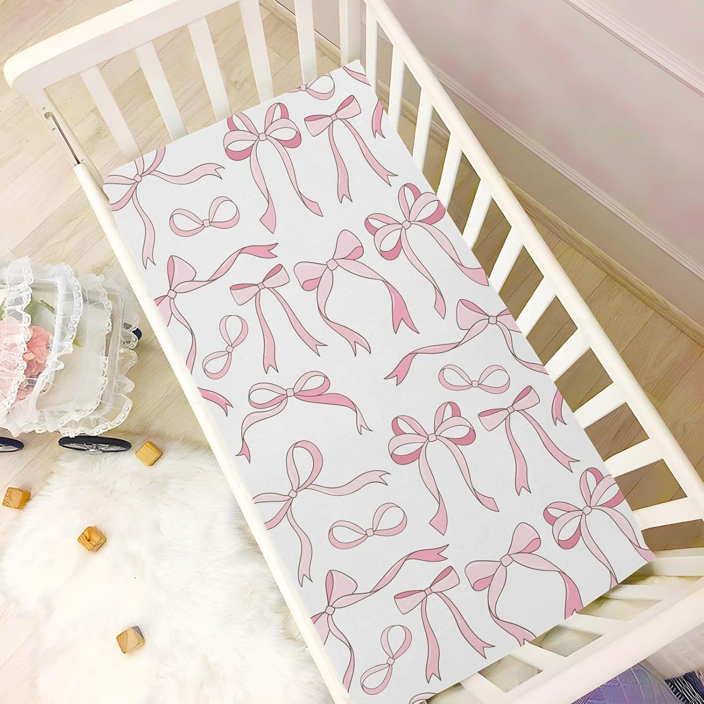 Fitted Crib Sheets Pink Checkered and Bows Stretchy Portable Playard Sheets for Baby Toddler, Breathable Soft Mini Crib Mattress 39 x 27 in for Boys and Girls