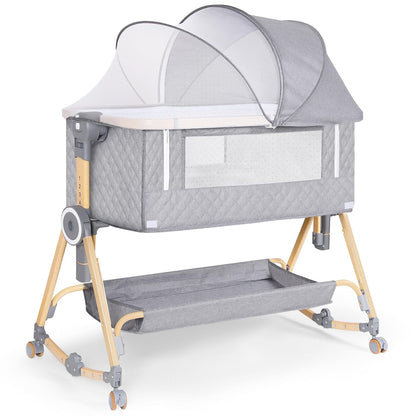 Baby Bassinet 5 in 1,Baby Bedside Bassinet with Diaper Changer, Mosquito Net, Mattress, Storage Layer, Can Be Stored in One Button Travel Crib (Beige)