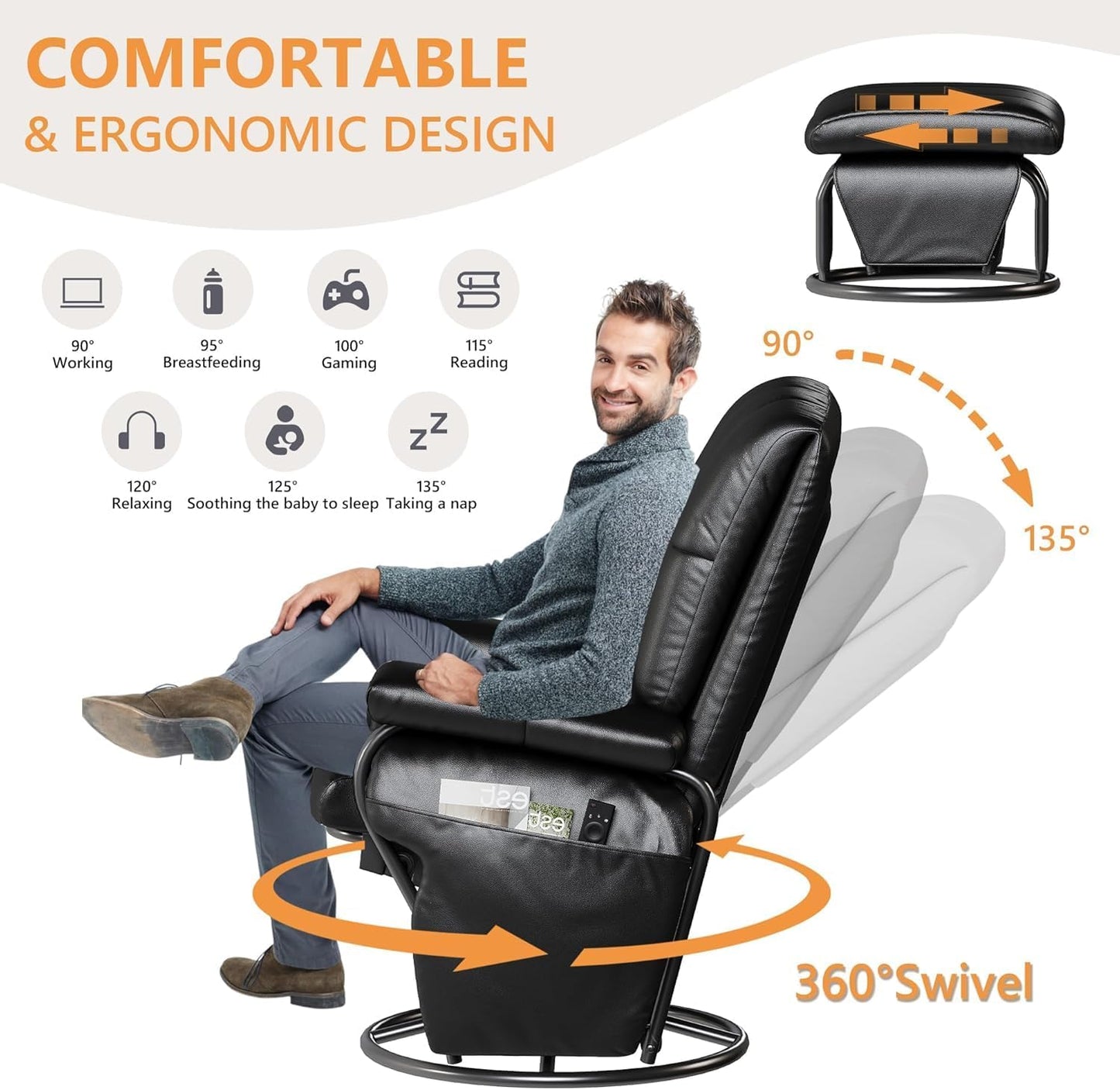 JIASTING 360° Swivel Recliner Chair with Ottoman & Double Side Pockets, Nursing Glider Rocking Recliner Chair, Gliding Chairs for Nursery, Living Room, Bedroom, Office (Gray)