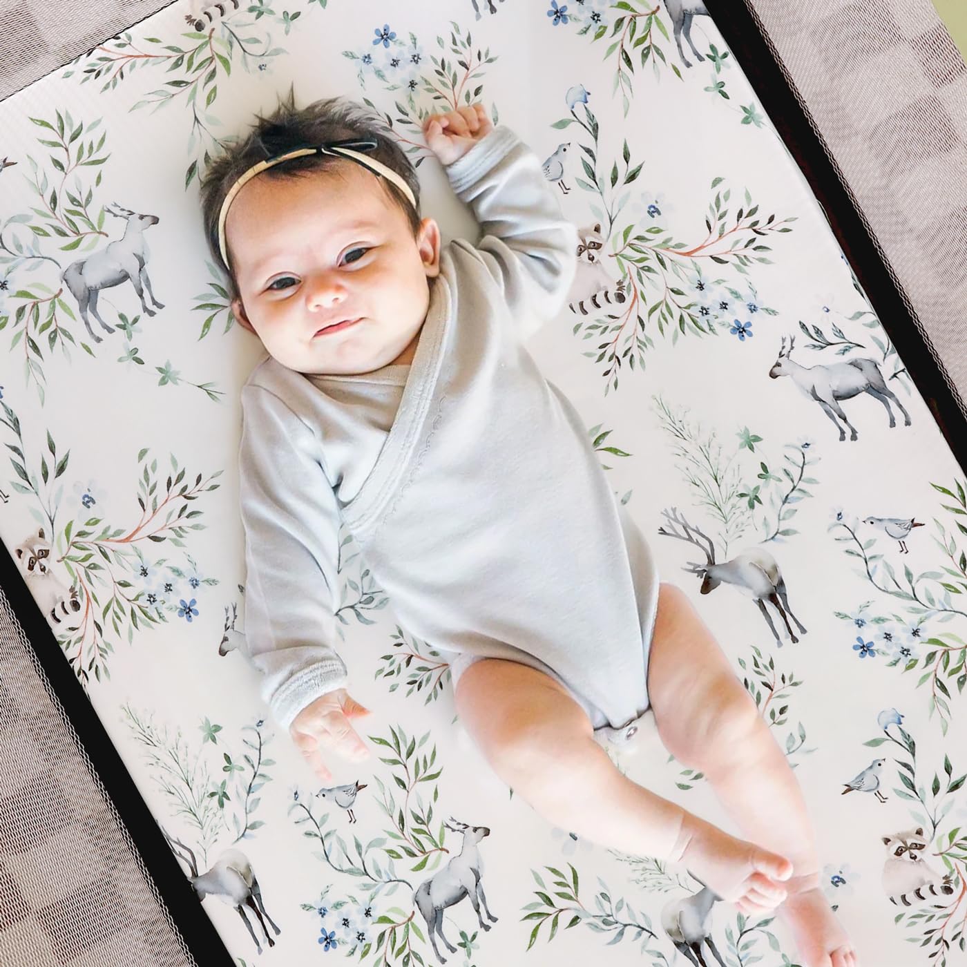 GRSSDER Stretch Ultra Soft Jersey Knit Fitted Pack n Play Playard Sheets Set 2 Pack，Fits Portable/Mini Cribs Sheets, Playards Mattress Pads, Stylish Watercolor Animals for Baby, Mint Green