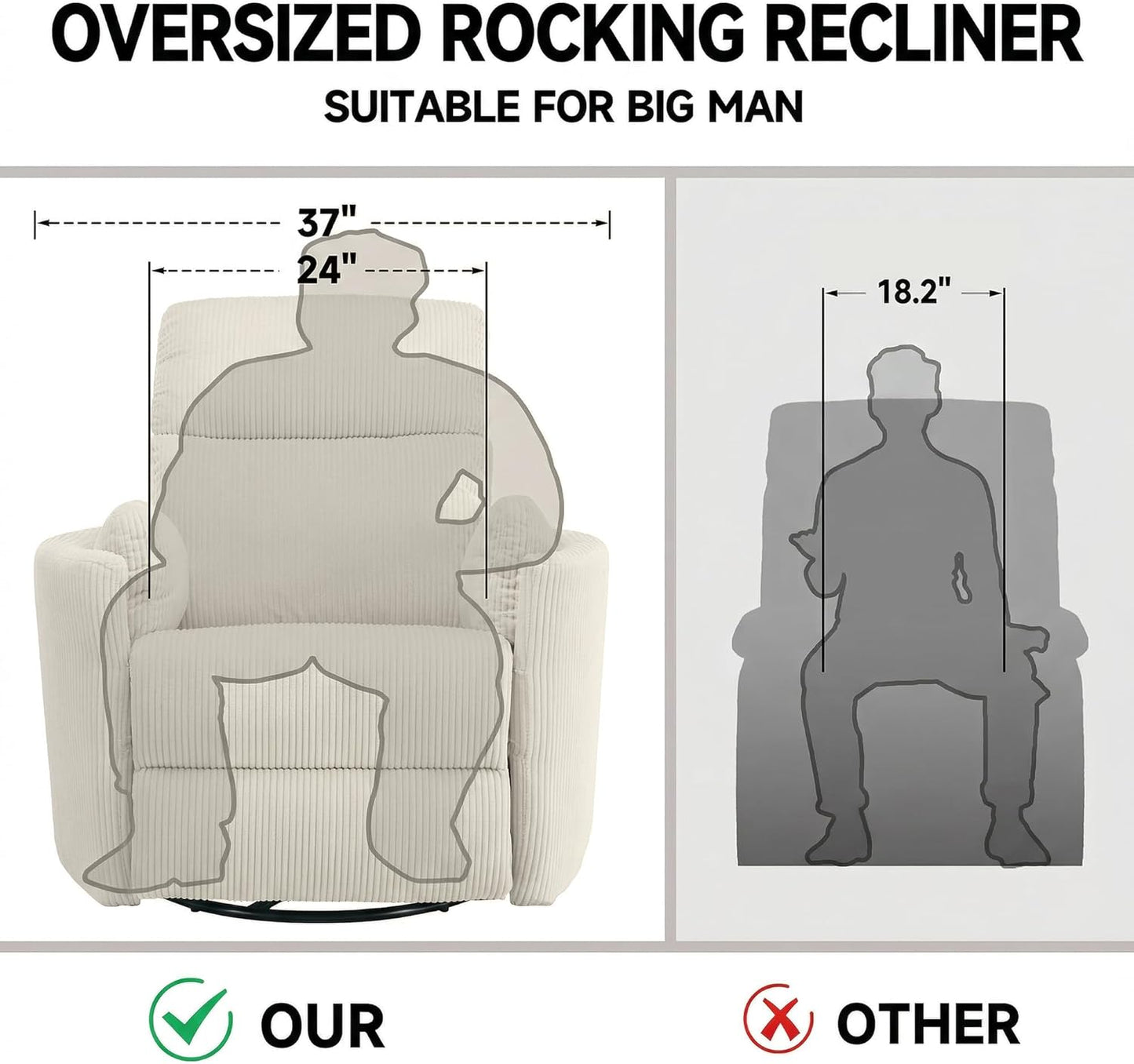 Oversized Swivel Rocking Chair, Manual Large Rocker Recliner Chairs for Adults, Corduroy Nursery Glider Barrel Chair with 2 Pillows, Wide Recliner for Living Room, Bedroom, Nursery, White