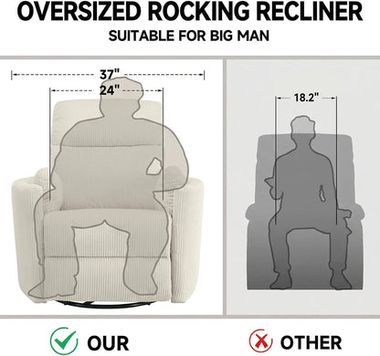 Oversized Swivel Rocking Chair, Manual Large Rocker Recliner Chairs for Adults, Corduroy Nursery Glider Barrel Chair with 2 Pillows, Wide Recliner for Living Room, Bedroom, Nursery, White