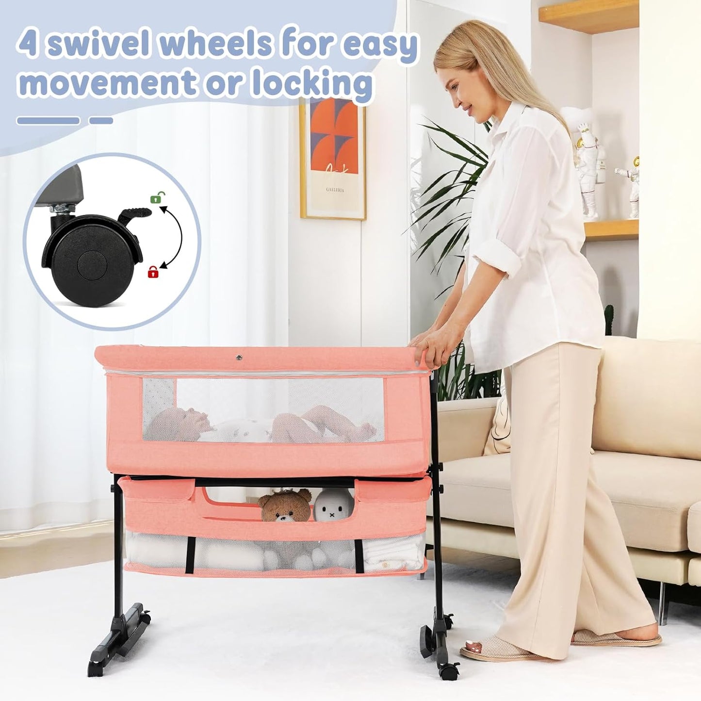 Semphis Baby Bassinet, 3 in 1 Bassinets Bedside Sleeper, Adjustable Height Bedside Sleeper with Rocking Mode, Breathable Mesh, Storage Basket, Wheels, Easy Assemble & Folding (Gray)