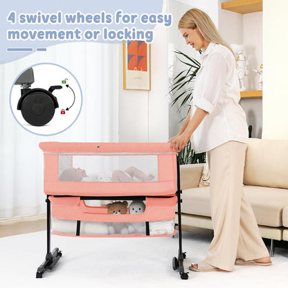 Semphis Baby Bassinet, 3 in 1 Bassinets Bedside Sleeper, Adjustable Height Bedside Sleeper with Rocking Mode, Breathable Mesh, Storage Basket, Wheels, Easy Assemble & Folding (Gray)