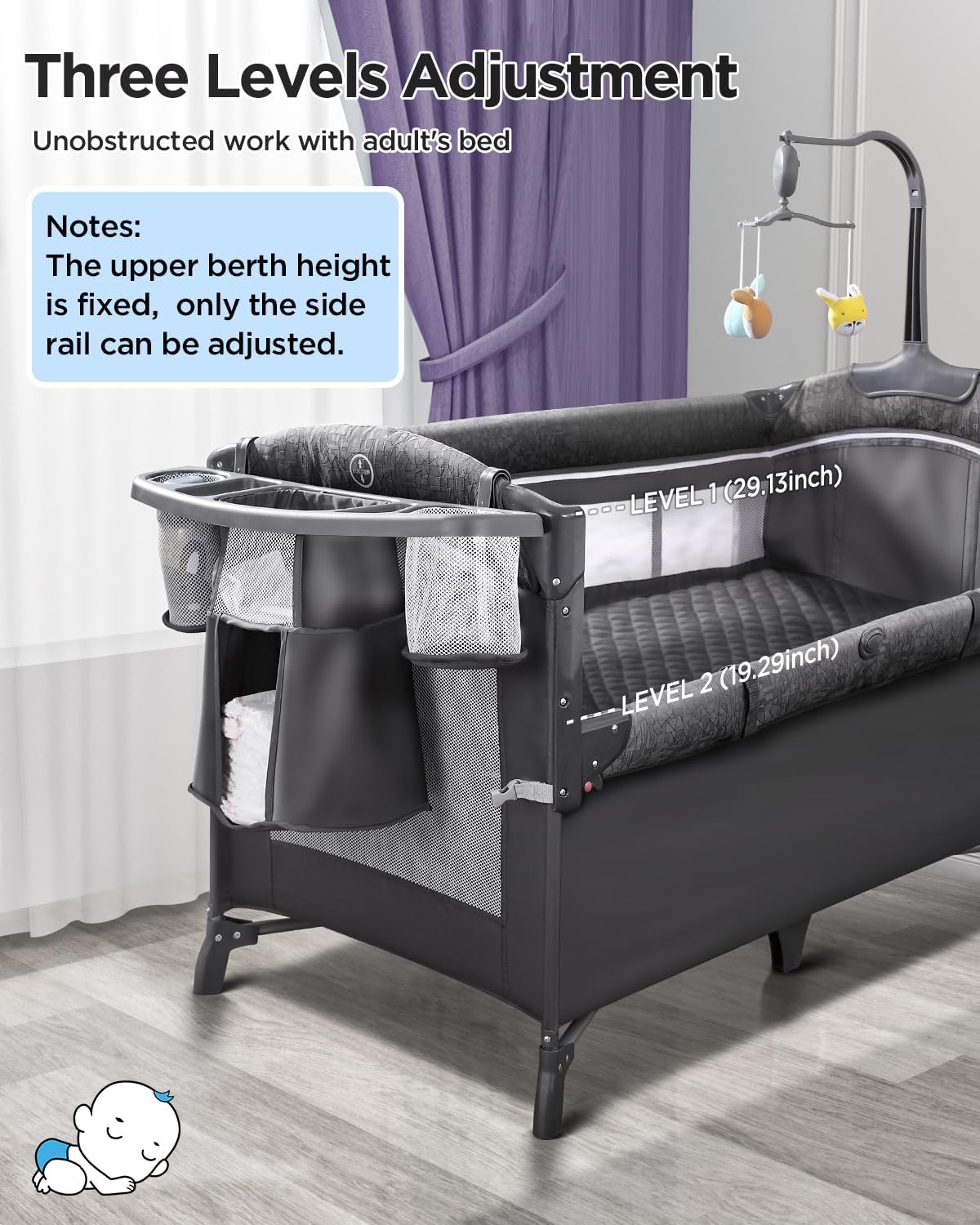 ADOVEL Baby Bassinet Bedside Crib, Pack and Play with Mattress, Diaper Changer and Playards from Newborn to Toddles, Pink
