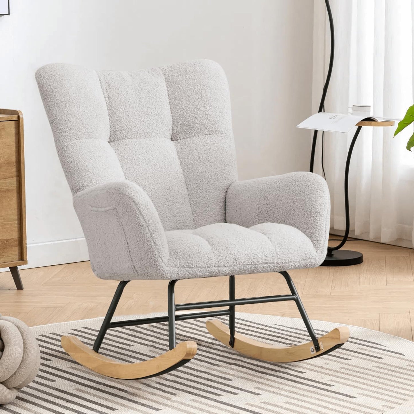 Nursery Rocking Chair Teddy Upholstered Glider Rocker Rocker Accent Chair with High Backrest Armchair Comfy Side Pocket Modern Rocking Accent Chairs for Living Room, Nursery, Office-Green