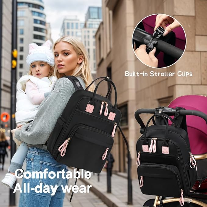 LORADI 18 Pockets Large Diaper Bag Backpack with 4 Insulated Pockets and Stroller Clips, Baby Shower Essentials (Black, Large)