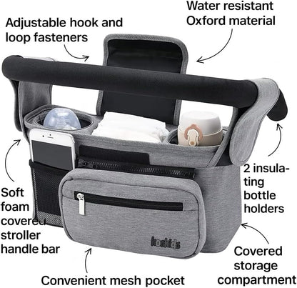 Universal Stroller Organizer with Insulated Cup Holder, Detachable Phone Bag, Shoulder Strap – Fits All Stroller Types, Keeps Drinks Hot/Cold (Pink)