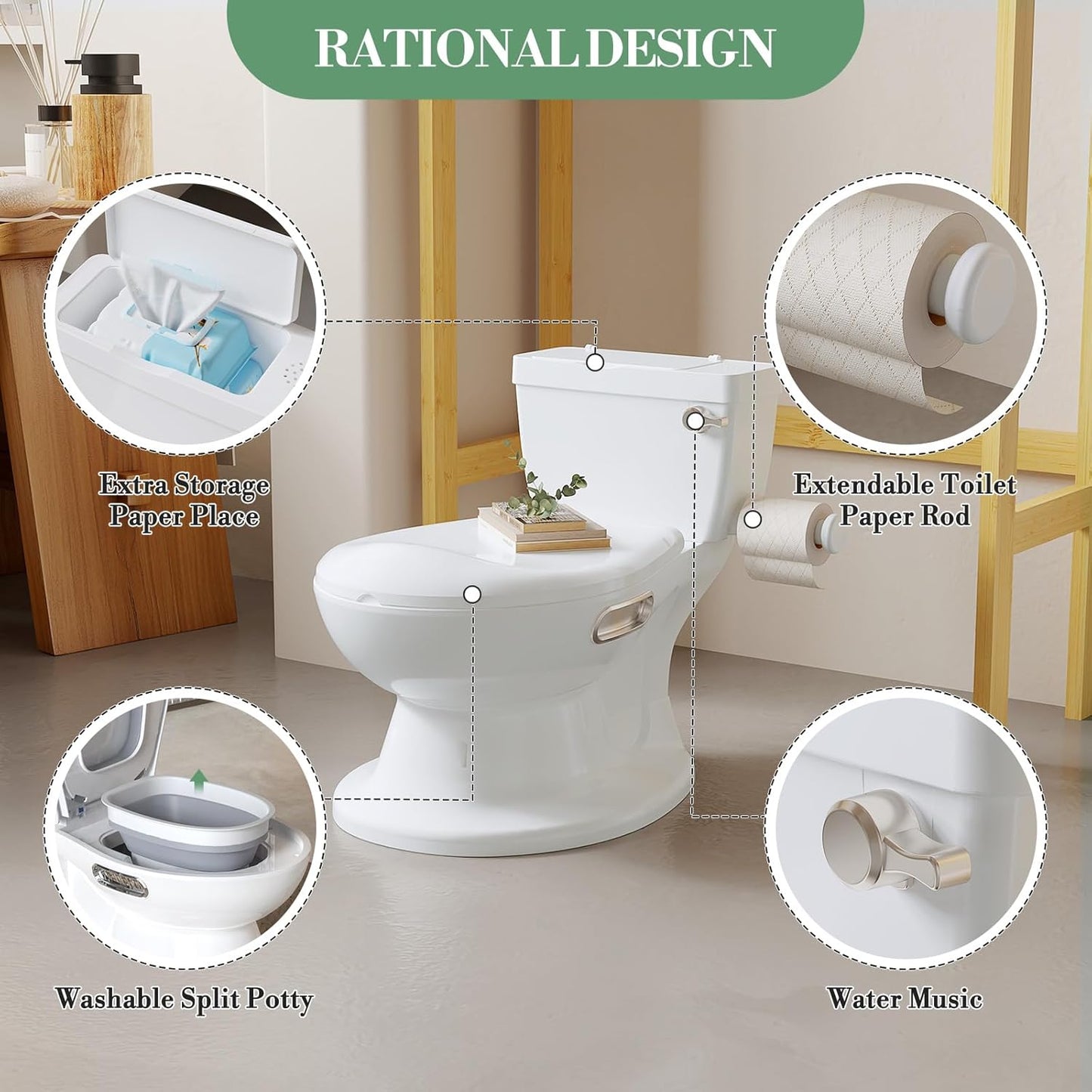 2-in-1 Potty Training Toilet, 12.99in Standalone Potty Chair for Toddlers & Baby, Realistic Flushing Sound, Soft Comfort Seat, Removable Washable Pot, Non-Slip Base, Built-in Toilet Paper Holder