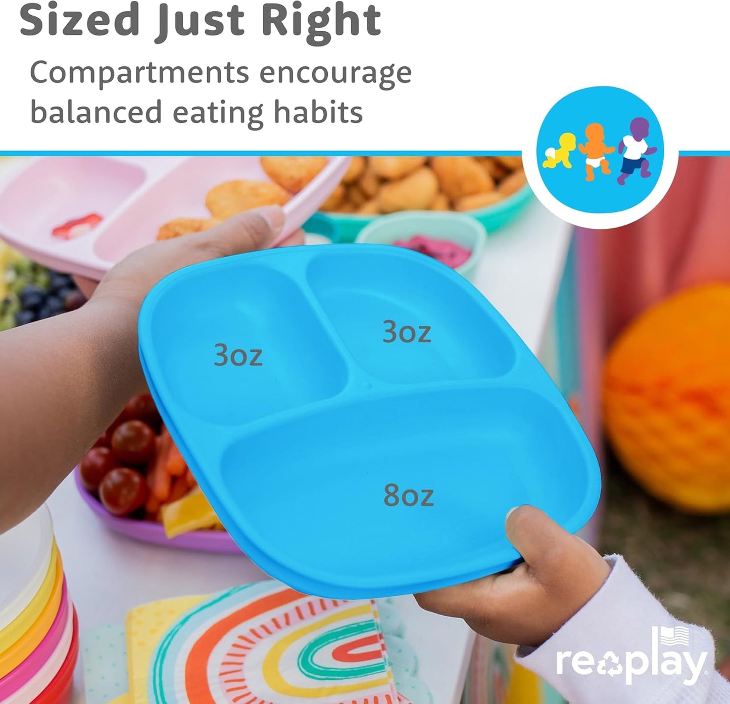 Re-Play Toddler Plates with Dividers - Deep-Walled 3 Compartments Divided Plates for Kids - Dishwasher & Microwave Safe - Made in USA - Set of 3-7.37" x 7.37" x 1.25" - Beach Baby