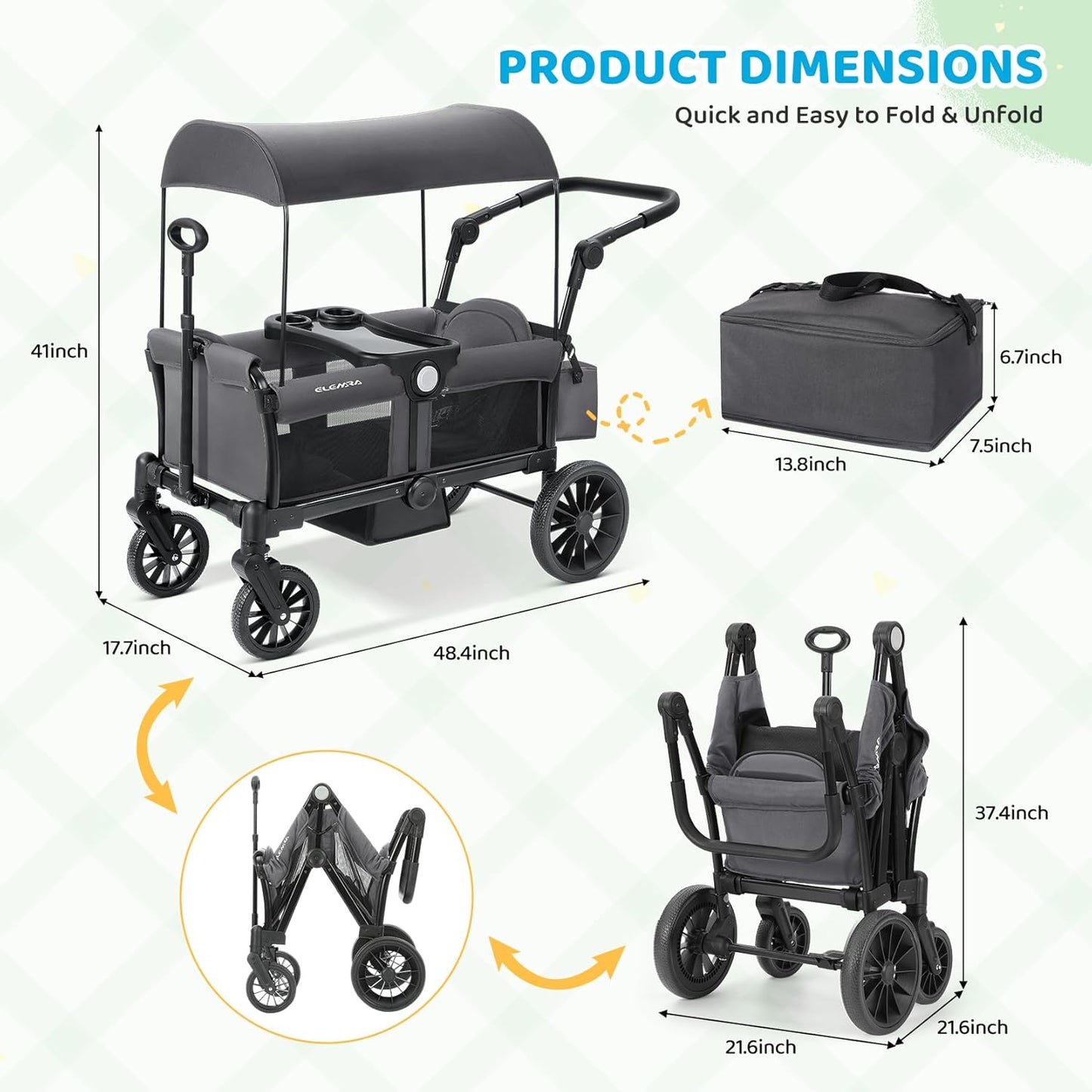 ELEMARA Stroller Wagon, 2 Seat Stroller for 2 Kids, Premium All Terrain Stroller for Kids w/Removable Canopy, Adjustable Push/Pull Handle, Large Storage Bag, Black
