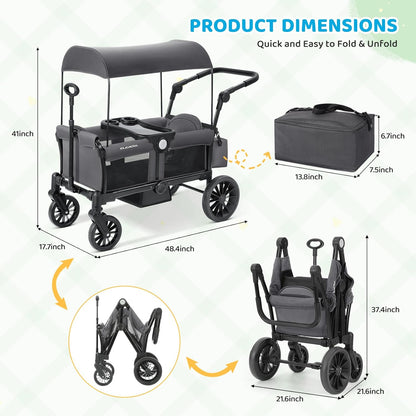 ELEMARA Stroller Wagon, 2 Seat Stroller for 2 Kids, Premium All Terrain Stroller for Kids w/Removable Canopy, Adjustable Push/Pull Handle, Large Storage Bag, Black
