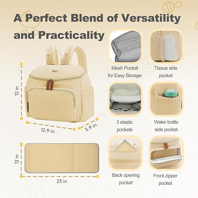 Compact Diaper Bag Backpack – Lightweight & Waterproof Baby Bag for Moms & Dads, Includes Changing Pad & Stroller Straps, Small Travel Diaper Backpack for Daily Use –Khaki