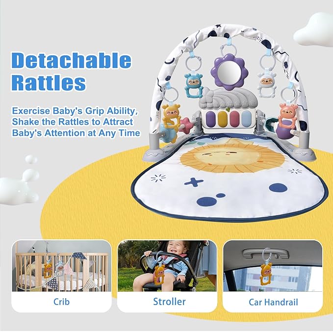 Cuterabit Baby Play Gym Mat, Baby Gym Activity Center, Kick and Play Piano with Music and Light, Tummy Time Toys for Newborn Babies Infants Boys Girls 0-3-6-9-12 Months (Grey)