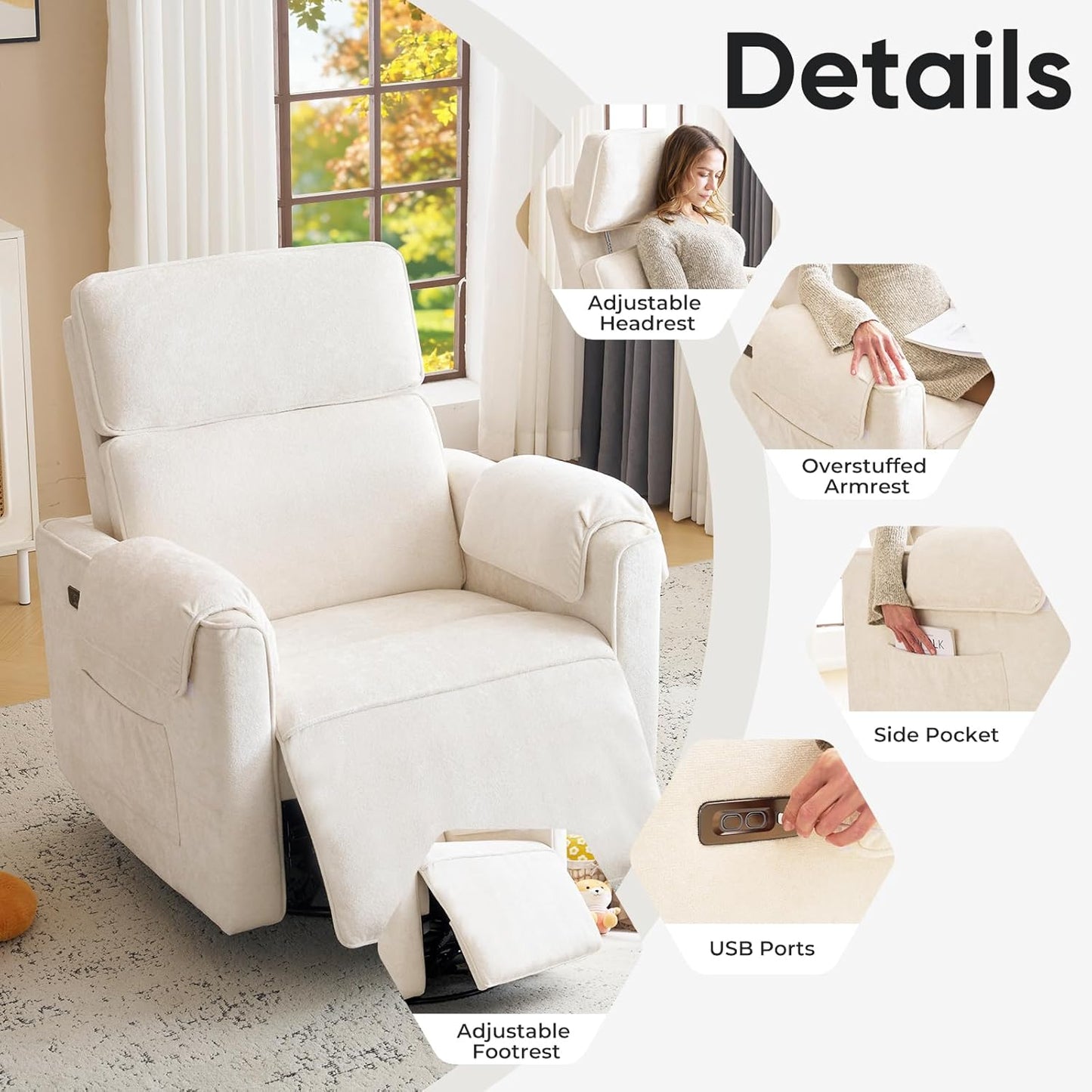 Oversized Power Rocker Recliner Chair, 26" Extra Wide Swivel Recliner with Adjustable Headrest, Chenille Glider Rocking Nursery Chair with Overstuffed Armrest, USB Ports, Cream