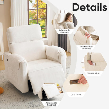 Oversized Power Rocker Recliner Chair, 26" Extra Wide Swivel Recliner with Adjustable Headrest, Chenille Glider Rocking Nursery Chair with Overstuffed Armrest, USB Ports, Cream