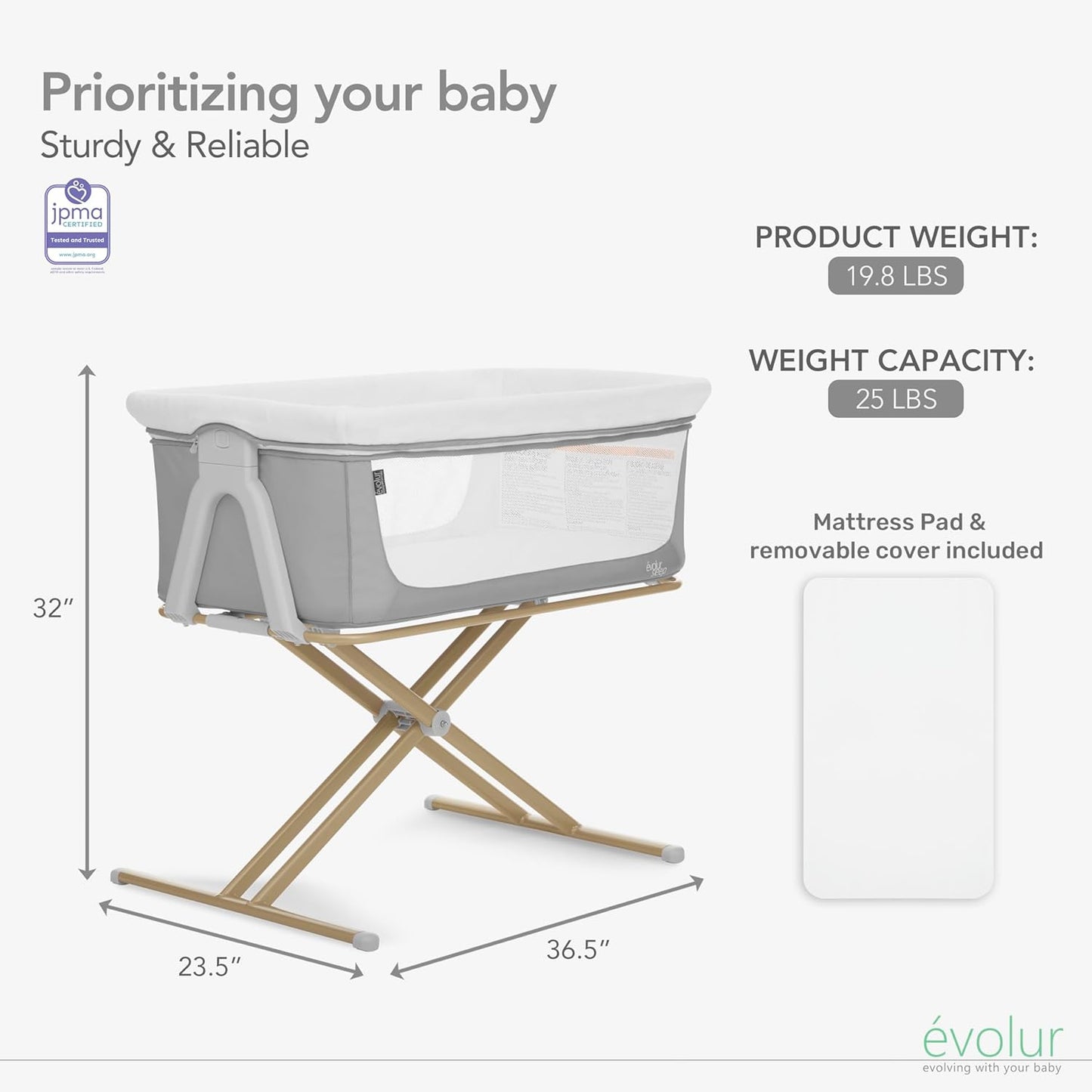 Evolur Orabelle Baby Bassinet & Bedside Sleeper, Breathable Mesh Sides, Plush Mattress Pad with Removable Cover, Tool-Free Assembly, Quick Foldable Steel Frame Compact Design with Travel Bag – Black
