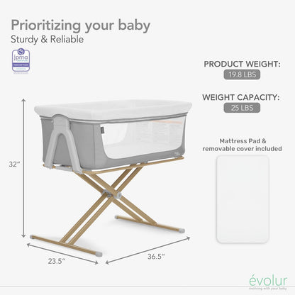 Evolur Orabelle Baby Bassinet & Bedside Sleeper, Breathable Mesh Sides, Plush Mattress Pad with Removable Cover, Tool-Free Assembly, Quick Foldable Steel Frame Compact Design with Travel Bag – Black
