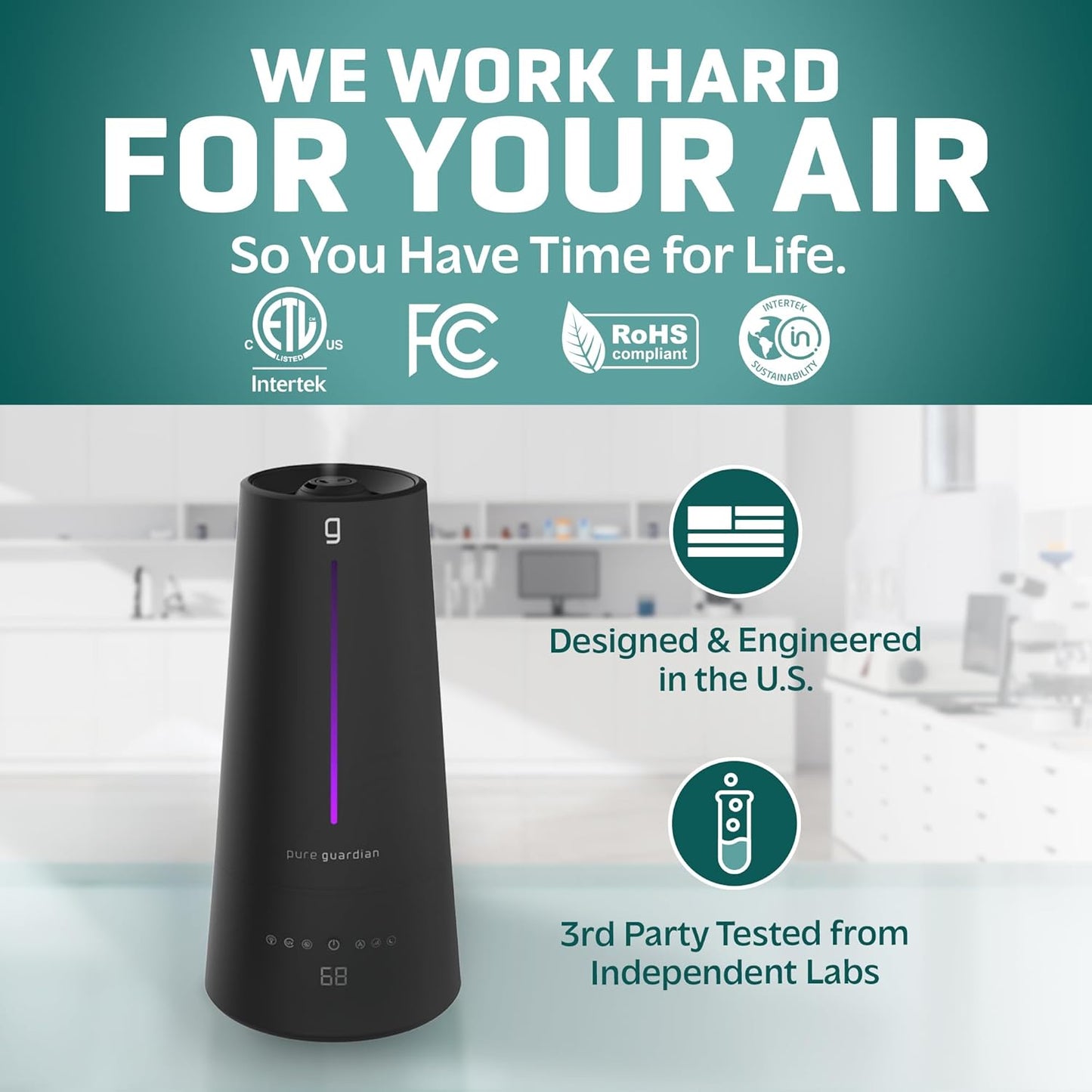 PureGuardian 1.5 Gal Ultrasonic Warm & Cool Mist Humidifier with UV-C Light, IntelliSense Humidistat, 90-Hr Runtime, for Large Rooms up to 540 Sq. Ft., Black, H5665B