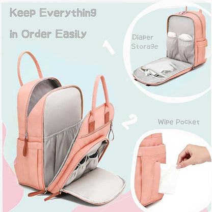 LORADI 18 Pockets Large Diaper Bag Backpack with 4 Insulated Pockets and Stroller Clips, Baby Shower Essentials (Pink, Large)