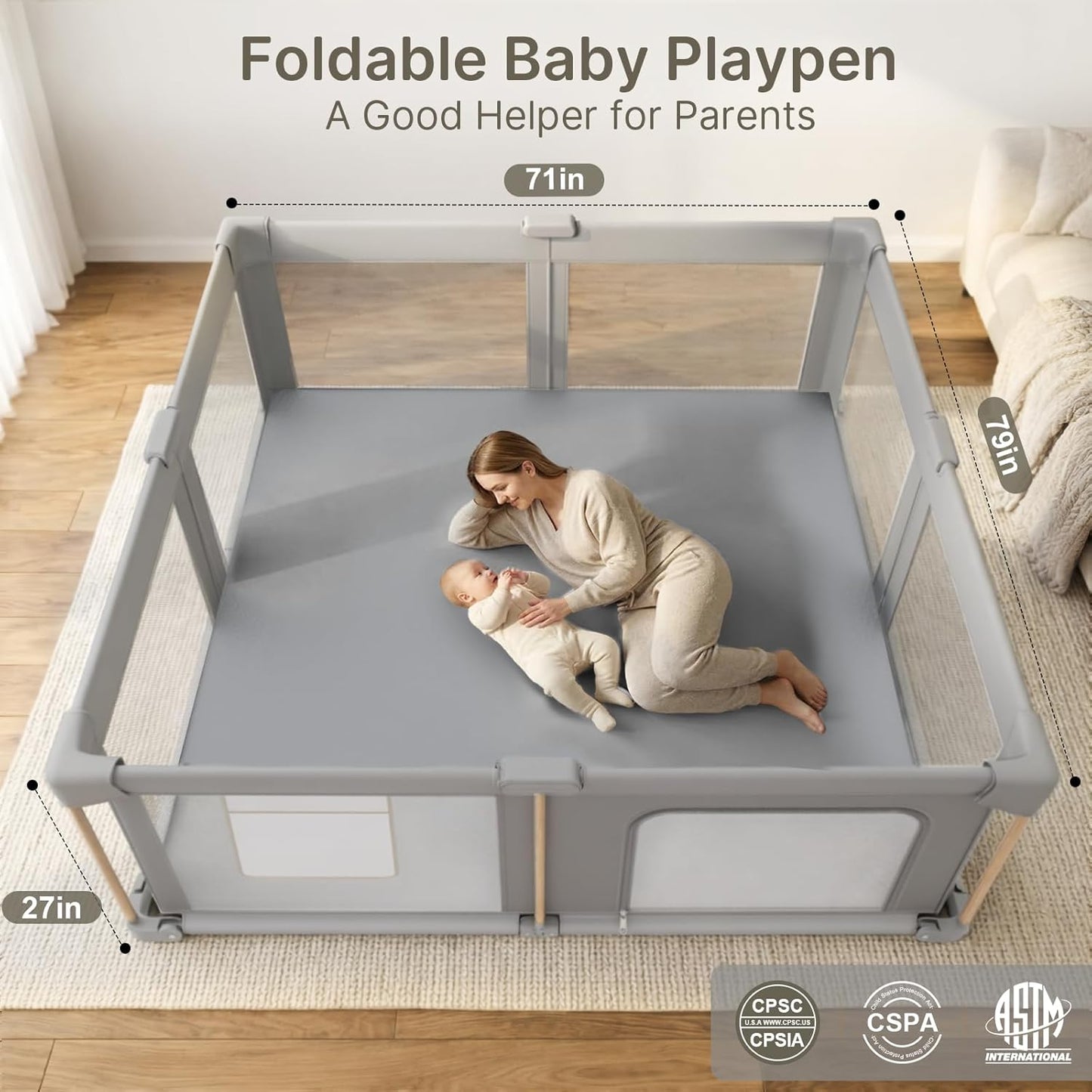 Foldable Baby Playpen with Mat, 71x59 Foldable Play Pen for Babies and Toddlers, Baby Playpen with Portable Design, Collapsible Play Yard for Fence Indoor and Outdoor