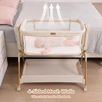 Ezebaby Baby Bassinet Bedside Sleeper: 3-in-1 Rocking Bassinet for Baby - Breathable Full-Mesh Crib with Mattress | 6 Height Adjustable | Portable Crib with Lockable Wheels for Newborns