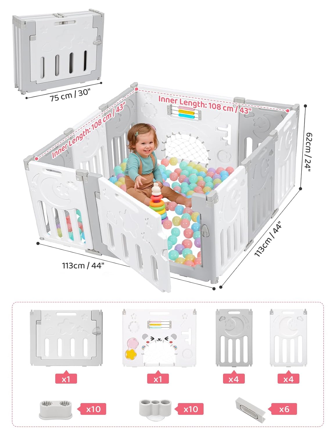Baby Playpen, Dripex Baby Playard for Babies and Toddlers, 14-Panel Foldable Playpen Adjustable Portable Play Area, Indoor/Outdoor Kids Active Center with Game Panel & Safety Gate, Grey White