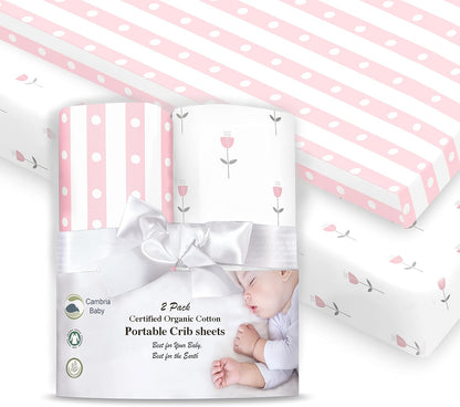 100% Organic Cotton Fitted Sheets for Graco Pack n Play, Babyletto, Pamo Babe, Hiccapop, Dream on Me, Evenflo, Baby Trend, Hygge Hush Portable/Mini Crib/Playards, Beka Bedside Bassinet 2 Pk