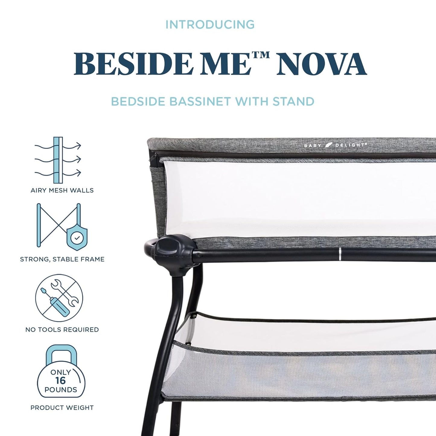 Baby Delight Beside Me Doze Deluxe Baby Bassinet, Bedside Sleeper, Foldable, Removeable Canopy, Pebble Grey