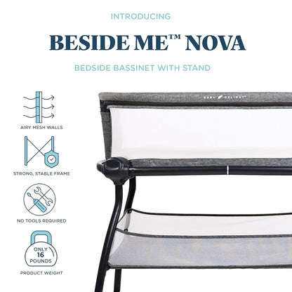 Baby Delight Beside Me Doze Deluxe Baby Bassinet, Bedside Sleeper, Foldable, Removeable Canopy, Pebble Grey