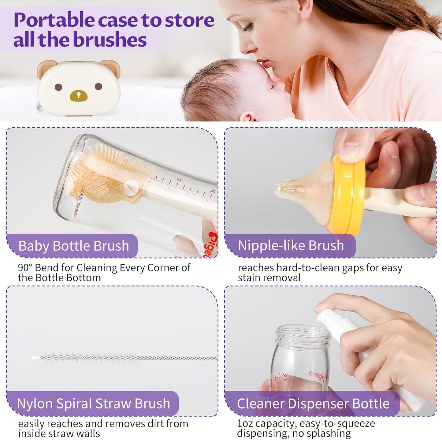 VOOWO Baby Bottle Brush & Drying Rack, Portable Travel Kit - Silicone Bottle & Nipple Brush Set, Straw Cleaner (Purple)