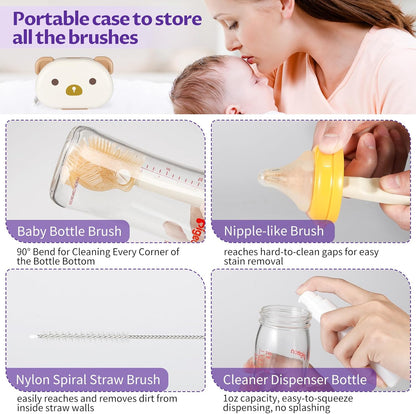 VOOWO Baby Bottle Brush & Drying Rack, Portable Travel Kit - Silicone Bottle & Nipple Brush Set, Straw Cleaner (Purple)